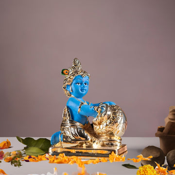 Placeables 24 Carat Pure Gold and 99.9 Silver Plated Makhan Krishna Idol | Murti 4.5 inch